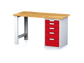 Dílenský pracovní stůl MECHANIC I, pevná noha + dílenský box na nářadí, 5 zásuvek, 1500 x 685 x 880 mm, červené dveře