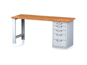 Dílenský pracovní stůl MECHANIC I, pevná noha + dílenský box na nářadí, 5 zásuvek, 2000 x 685 x 880 mm, šedé dveře
