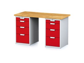 Dílenský stůl MECHANIC I se 2 zásuvkovými dílenskými boxy na nářadí místo nohou, 8 zásuvek, 1500 x 685 x 880 mm, červené dveře