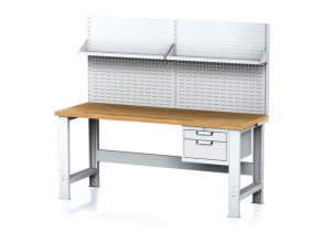 Nastavitelný dílenský stůl MECHANIC I , závěsný box na nářadí, nástavba, police, 2 zásuvky, 2000x700x700-1055 mm, šedé