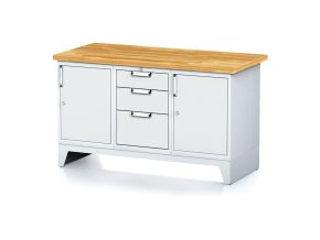 Dílenský stůl MECHANIC I, 2 skříňky a zásuvkový box na nářadí, 3 zásuvky, 1500x685x880 mm, šedé dveře