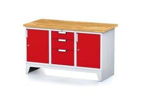 Dílenský stůl MECHANIC I, 2 skříňky a zásuvkový box na nářadí, 3 zásuvky, 1500x685x880 mm, červené dveře