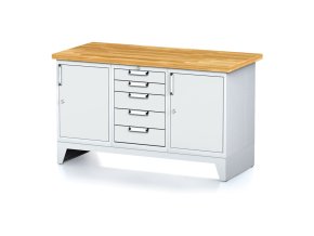 Dílenský stůl MECHANIC I, 2 skříňky a zásuvkový box na nářadí, 5 zásuvek, 1500x685x880 mm, šedé dveře
