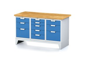 Dílenský stůl MECHANIC I, 1x 5 zásuvkový box a 2x 3 zásuvkový box na nářadí, 11 zásuvek, 1500x685x880 mm, modré dveře