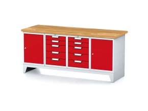 Dílenský stůl MECHANIC I, 2 skříňky a 2x 5 zásuvkový box na nářadí , 10 zásuvek, 2000x685x880 mm, červené dveře