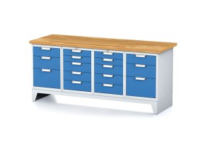 Dílenský stůl MECHANIC I, 2x 5 zásuvkový box a 2x 3 zásuvkový box na nářadí, 16 zásuvek, 2000x685x880 mm, modré dveře