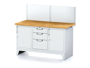 Dílenský stůl MECHANIC I , perforovaný panel,2 skříňky a zásuvkový box na nářadí, 3 zásuvky, 1500x685x880 mm, šedé dveře