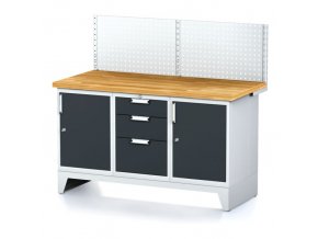 Dílenský stůl MECHANIC I , perforovaný panel, 2 skříňky a zásuvkový box na nářadí, 3 zásuvky, 1500x700x880 mm, antracitové dveře