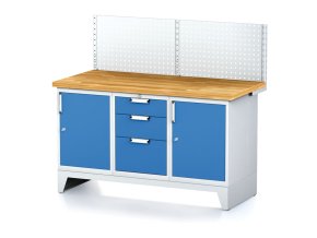 dilensky stul mechanic i perforovany panel 2 skrinky a zasuvkovy box na naradi 3 zasuvky 1500x685x880 mm modre dvere 17944