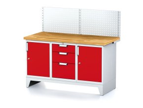 Dílenský stůl MECHANIC I , perforovaný panel,2 skříňky a zásuvkový box na nářadí, 3 zásuvky, 1500x685x880 mm, červené dveře
