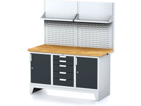 Dílenský stůl MECHANIC I , perforovaný panel, police, 2 skříňky a zásuvkový box na nářadí, 5 zásuvek, 1500x685x880 mm, antracit