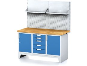 Dílenský stůl MECHANIC I , perforovaný panel, police, 2 skříňky a zásuvkový box na nářadí, 5 zásuvek, 1500x685x880 mm, modré dveře