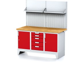 Dílenský stůl MECHANIC I , perforovaný panel, police, 2 skříňky a zásuvkový box na nářadí, 5 zásuvek, 1500x685x880 mm, červené dveře