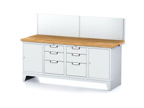 Dílenský stůl MECHANIC I ,perforovaný panel,  2 skříňky a 2 zásuvkové boxy na nářadí, 6 zásuvek, 2000x685x880 mm, šedé dveře