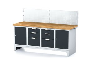 Dílenský stůl MECHANIC I ,perforovaný panel, 2 skříňky a 2 zásuvkové boxy na nářadí, 6 zásuvek, 2000x685x880 mm, antracit dveře