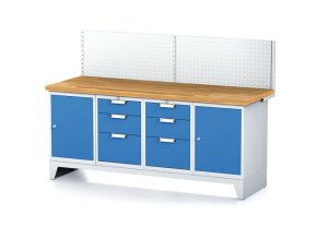 Dílenský stůl MECHANIC I ,perforovaný panel,2 skříňky a 2 zásuvkové boxy na nářadí, 6 zásuvek, 2000x685x880 mm, modré dveře