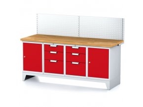 Dílenský stůl MECHANIC I ,perforovaný panel,2 skříňky a 2 zásuvkové boxy na nářadí, 6 zásuvek, 2000x700x880 mm, červené dveře