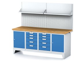 dilensky stul mechanic i perforovany panel police 2 skrinky a 2 zasuvkove boxy na naradi 10 zasuvek 2000x685x880 mm modre dvere 18050