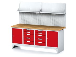 dilensky stul mechanic i perforovany panel police 2 skrinky a 2 zasuvkove boxy na naradi 10 zasuvek 2000x685x880 mm cervene dvere 18051