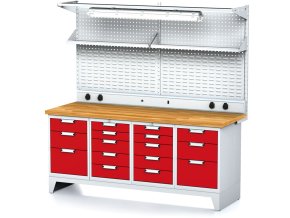 Dílenský stůl MECHANIC I, perfopanel, police, el. zásuvky, osvětlení, 2x 5 a 2x 3 zásuvkový box na nářadí, 16 zásuvek, červené dveře