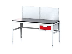 nastavitelny dilensky stul mechanic ii s perfopanelem 1 zasuvkovy box na naradi 1600x700x745 985 mm seda cervena 18023