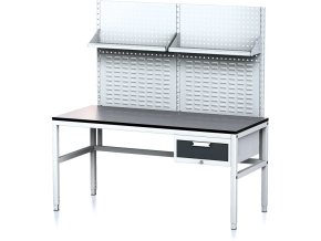 Nastavitelný dílenský stůl MECHANIC II s perfopanelem a policemi, 1 zásuvkový box na nářadí, 1600x700x745-985 mm, šedá/antracit