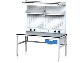nastavitelny dilensky stul mechanic ii perfopanel police osvetleni 1 zasuvkovy box na naradi 1600x700x745 985 mm seda modra 18030