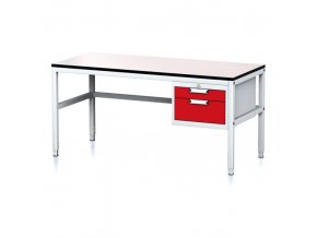 Nastavitelný dílenský stůl MECHANIC II, 2 zásuvkový box na nářadí, 1600x700x745-985 mm, šedá/červená