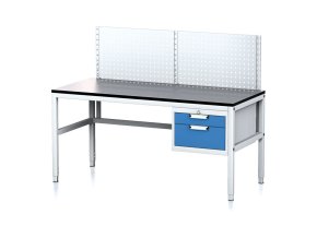 Nastavitelný dílenský stůl MECHANIC II, s perfopanelem, 2 zásuvkový box na nářadí, 1600x700x745-985 mm, šedá/modrá