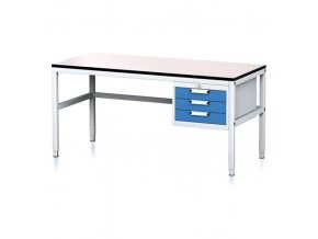 Nastavitelný dílenský stůl MECHANIC II, 3 zásuvkový box na nářadí, 1600x700x745-985 mm, šedá/modrá