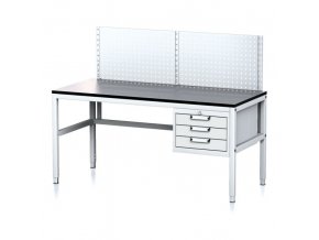 Nastavitelný dílenský stůl MECHANIC II s perfopanelem, 3 zásuvkový box na nářadí, 1600x700x745-985 mm, šedá/šedá