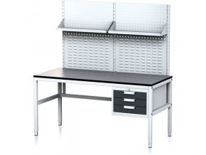 Nastavitelný dílenský stůl MECHANIC II s perfopanelem a policemi, 3 zásuvkový box na nářadí, 1600x700x745-985 mm, šedá/antracit