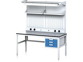 nastavitelny dilensky stul mechanic ii perfopanel police zasuvky osvetleni 3 zasuvkovy box na naradi 1600x700x745 985 mm seda modra 18036