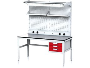 nastavitelny dilensky stul mechanic ii perfopanel police zasuvky osvetleni 3 zasuvkovy box na naradi 1600x700x745 985 mm seda cervena 18037
