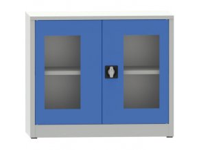 Svařovaná policová skříň s prosklenými dveřmi, 800 x 950 x 600 mm, šedá/modrá