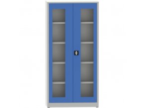Svařovaná policová skříň s prosklenými dveřmi, 1950 x 950 x 600 mm, šedá/modrá