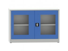 Svařovaná policová skříň s prosklenými dveřmi, 800 x 1200 x 500 mm, šedá/modrá