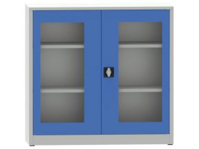 Svařovaná policová skříň s prosklenými dveřmi, 1150 x 1200 x 500 mm, šedá/modrá
