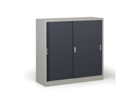 kovova skrin s posuvnymi dvermi demontovana 2 police 1200 x 1200 x 450 mm tmave seda 26955