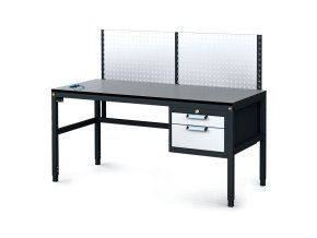Antistatický dílenský ESD stůl s perfopanelem, 2 zásuvkový box na nářadí, 1600x800x745-985 mm