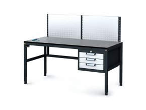 Antistatický dílenský ESD stůl s perfopanelem, 3 zásuvkový box na nářadí, 1600x800x745-985 mm