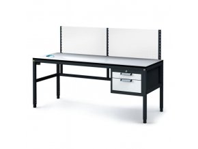 Antistatický dílenský ESD stůl s perfopanelem, 2 zásuvkový box na nářadí, 1800x800x745-985 mm