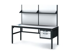 Antistatický dílenský ESD stůl s perfopanelem a policemi, 2 zásuvkový box na nářadí, 1800x800x745-985 mm