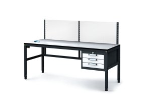 Antistatický dílenský ESD stůl s perfopanelem, 3 zásuvkový box na nářadí, 1800x800x745-985 mm
