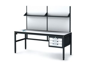 Antistatický dílenský ESD stůl s perfopanelem a policemi, 3 zásuvkový box na nářadí, 1800x800x745-985 mm