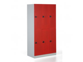 Kovová šatní skříňka s úložnými boxy, demontovaná, červené dveře, kódový zámek