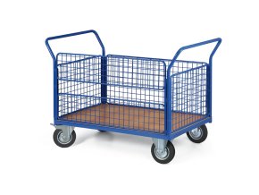 Plošinový vozík s drátěnými výplněmi, 1000x700 mm, nosnost 300 kg, kola 160 mm s černou pryží