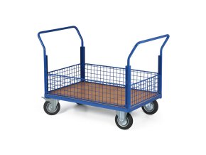 Plošinový vozík - 4 nízké drátěné výplně, 1200x800 mm, nosnost 500 kg, kola 200 mm s černou pryží