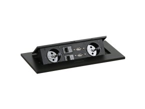 Zásuvkový box TYP III - výklopný, 2x zásuvka, 2x port USB data, 2x RJ45 port, černá
