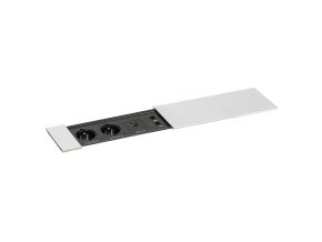 Zásuvkový box TYP IV - posuvný kryt, 2x zásuvka, nabíjecí USB A+C porty, 2x RJ45 port, stříbrná